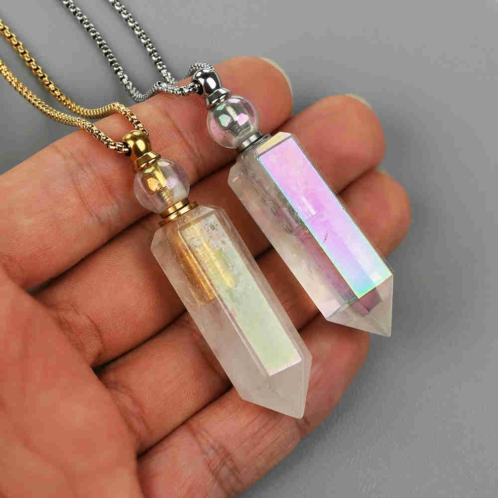27" Angel Aura Quartz Hexagon Point Perfume Bottle Necklace, Titanium AB Color, Natural White Crystal Stone Bottle Necklaces WX2089