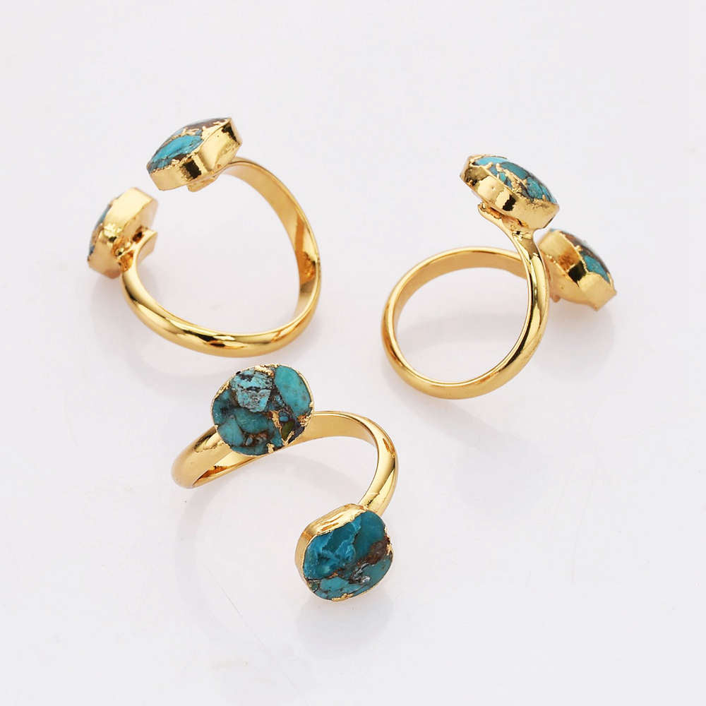 Gold Plated Copper Turquoise Ring Oval Shape Adjustable Size Double Stone Ring Gemstone Wrap Ring Jewelry G2082