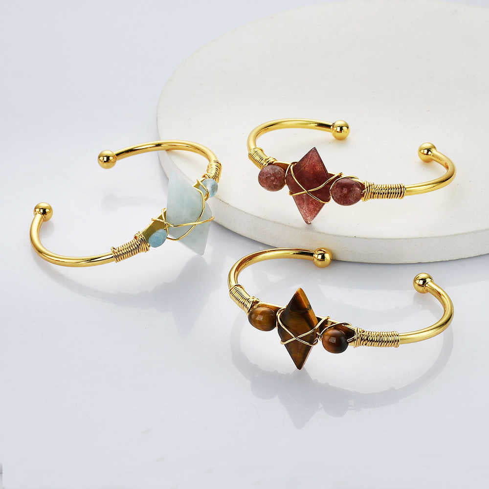 Diamond Shape Beads Gold Wire Wrap Gemstone Bracelet Crystal Stone Bracelet Jewelry WX2094