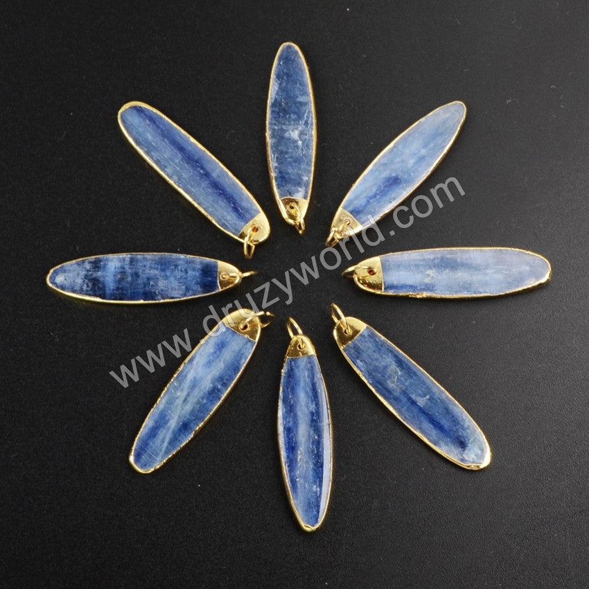 Gold Plated Long Oval Natural Kyanite Charm Pendant G1023