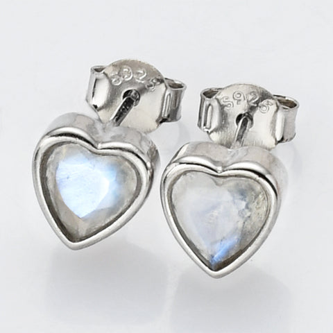 S925 Sterling Silver Heart Moonstone Faceted Stud Earrings SS249EG
