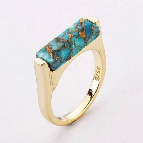 Gold Plated Natural Gemstone Crystal Rings Faceted Copper Turquoise Moonstone Labradorite Bar Ring ZG0463