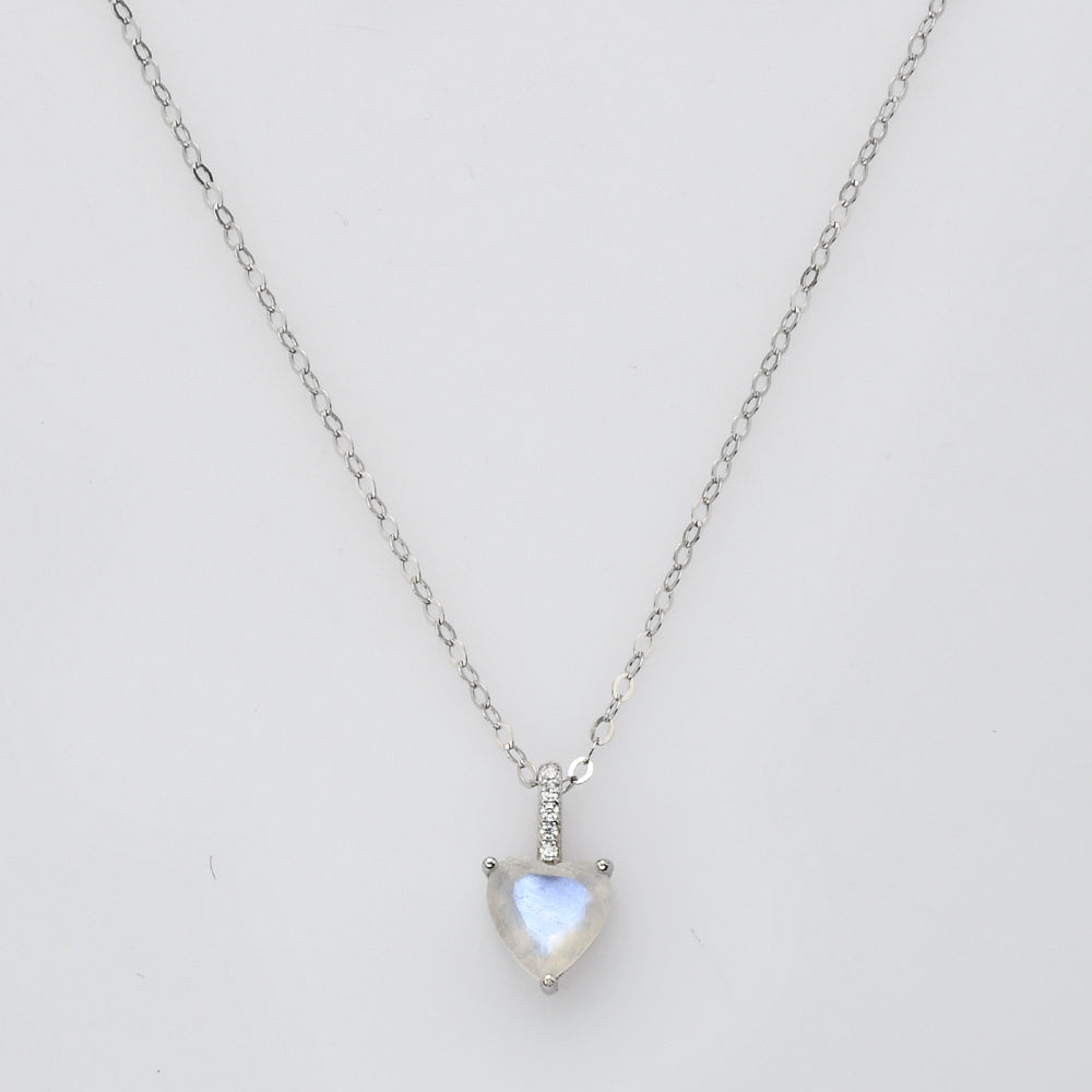 15.5" Sterling Silver Moonstone Heart Necklace, Faceted Healing Crystal Necklace, Dainty Jewelry LM039