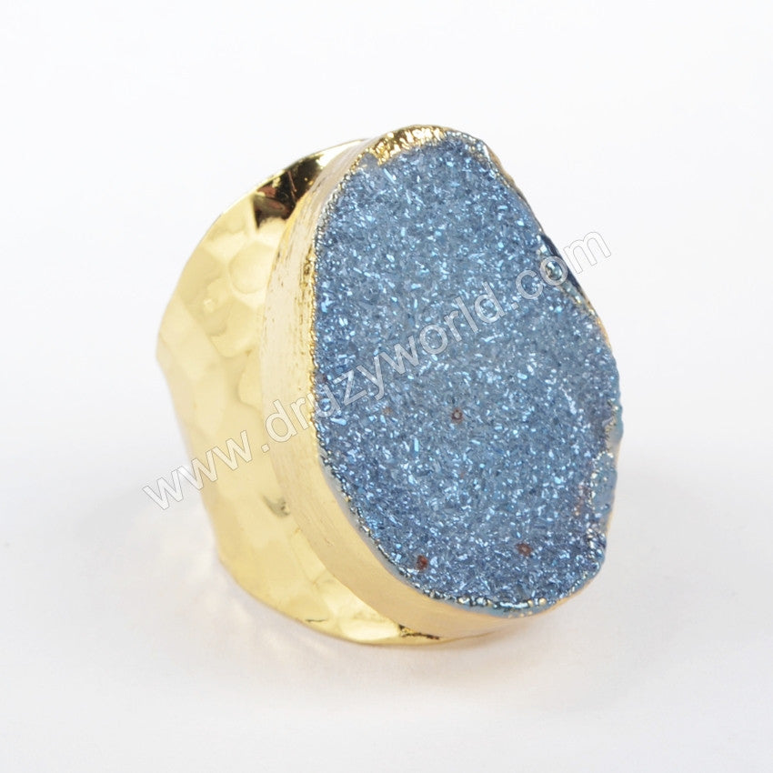 Gold Plated Natural Agate Titanium Rainbow Druzy Band Ring AB White Drusy Cuff Jewelry G0890