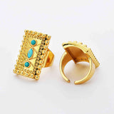 Rectangle Gold Plated Brass Bezel Natural Turquoise Ring ZG0459