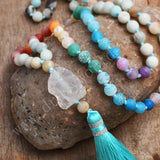 32" Raw Crystal Blue Tassel 8mm Rainbow Stone Beads Long Necklace, Mala Prayer Balance Meditation Reiki Spiritual Jewelry HD0309