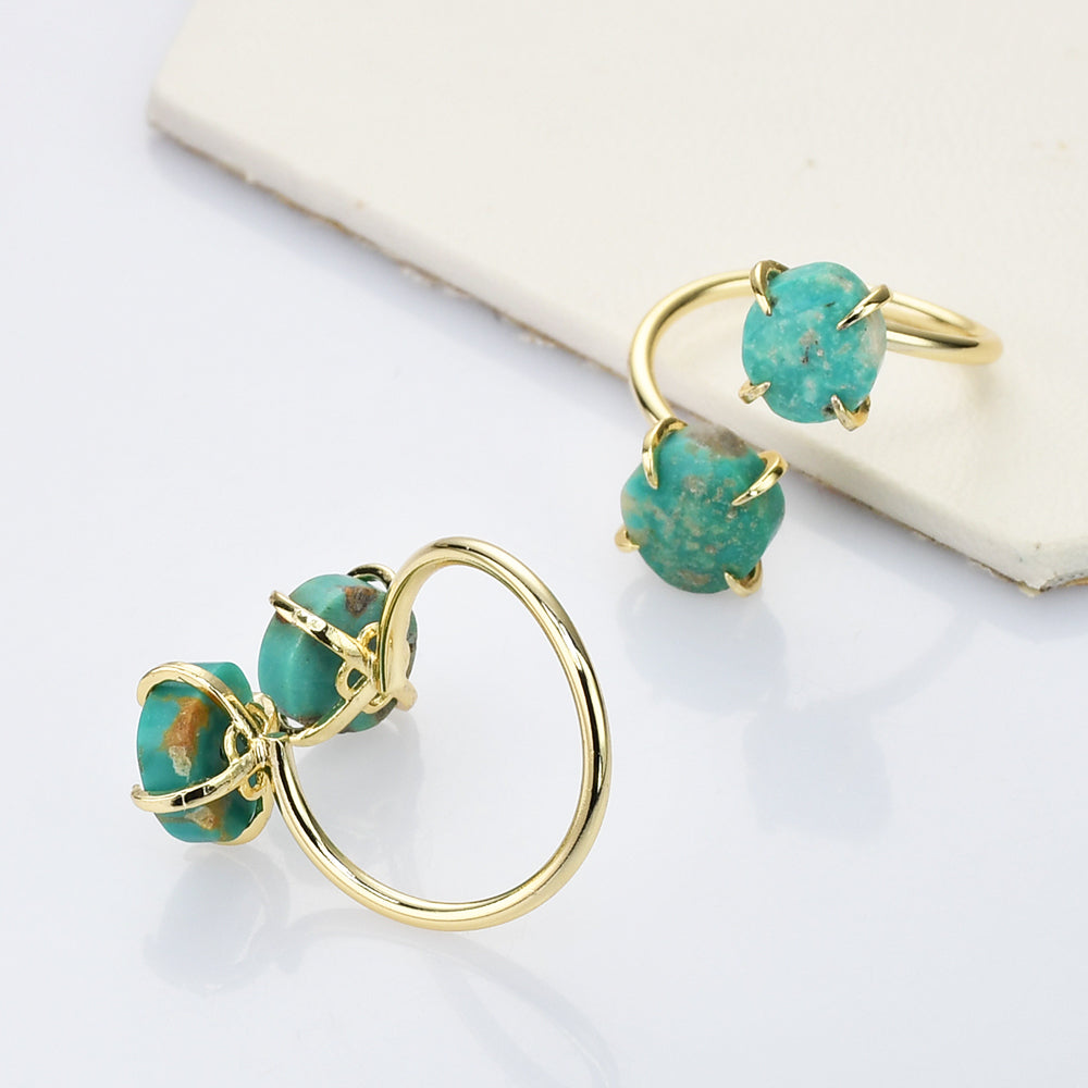 Gold Plated Claw Double Natural Real Turquoise Wrap Ring, Freeform Shape, Genuine Turquoise Ring Jewelry ZG0486
