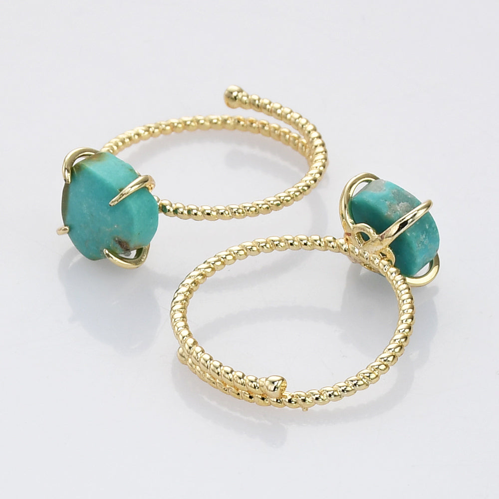 Adjustable Gold Plated Claw Natural Real Turquoise Ring, Freeform Shape, Genuine Turquoise Rings Jewelry ZG0485