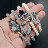 Natural Onyx Agate Geode Slice & 6mm Beads Bracelet Gold Plated G1019