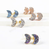 Crescent Moon Natural Agate Titanium Rainbow Druzy Stud Earrings Gold Plated Crystal Jewelry G0913