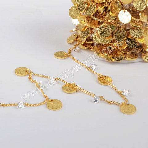 8mm Coin With White CZ Bead Chains In Gold Plated JT237
