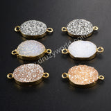 Gold Plated Oval Natural Agate Titanium Rainbow Druzy Connector G1073