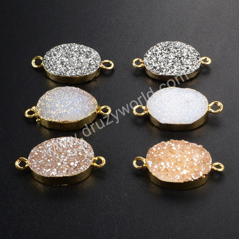 Gold Plated Oval Natural Agate Titanium Rainbow Druzy Connector G1073