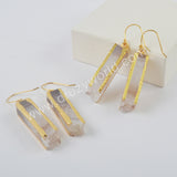 Gold Plated Rectangle Natural Agate Druzy Bar Dangle Earrings G1999-E