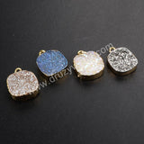 Gold Plated Square 12mm Rainbow Natural Agate Titanium Druzy Charm Pendant G1074