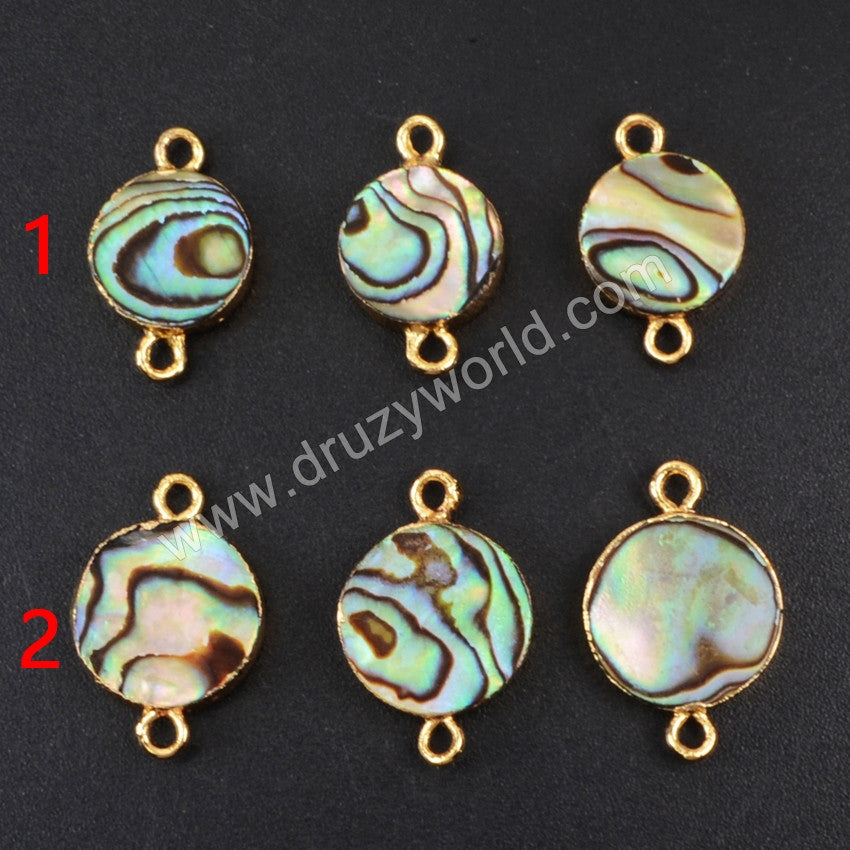 Gold Plated Round 10mm Natural Abalone Shell Connector Double Bails G1052