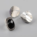 Rhinestone Pave Polished Amethyst Black Onyx Agate Faceted Silver Band Ring JAB966