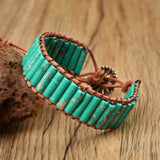 Cylinder Green Sea Sediment Jasper Bar Beads Leather Wrap Bracelet, Handmade Boho Jewelry HD0430