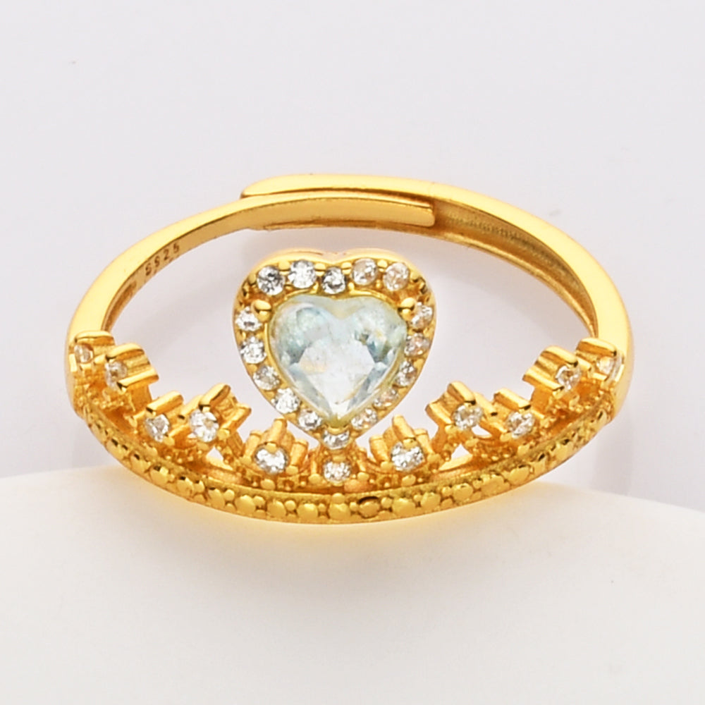 S925 Sterling Silver Gold Gemstone Heart Ring, Dainty CZ Crown Ring, Healing Crystal Amethyst Aquamarine Rose Quartz Moonstone Birthstone Ring Jewelry SS210