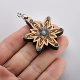Silver Snowflake Natural Gemstone Wood Pendant, Flower Pendant, Labradorite, Red River Jasper, Tiger's Eye Stone, Wooden Jewelry Pendant WX2137