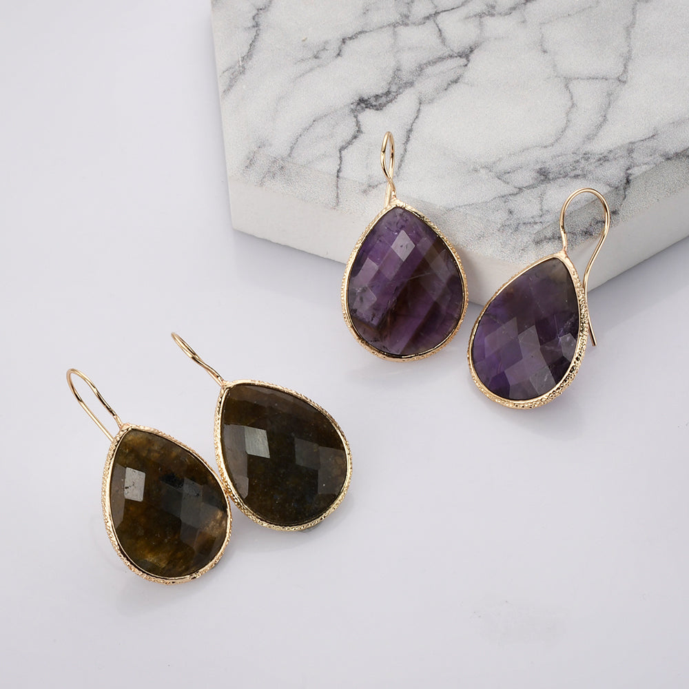 Teardrop Gold Plated Rainbow Natural Gemstone Earrings, Faceted Rose Quartz Amazonite Labradorite Lapis Amethyst Earrings,  Healing Crystal Stone Jewelry WX2148