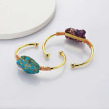 Gold Plated Brass Wire Wrap Rainbow Sea Sediment Jasper Bangle Bracelet WX2081