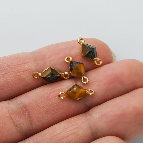 Tiny Gold Plated Tiger's Eye Connector, Diamond Faceted Shape, Gemstone Charm, For Jewelry Making AL610