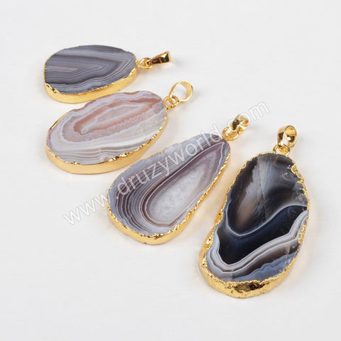 Gold Plated Natural Onyx Botswana Agate Slice Pendant Bead G1013