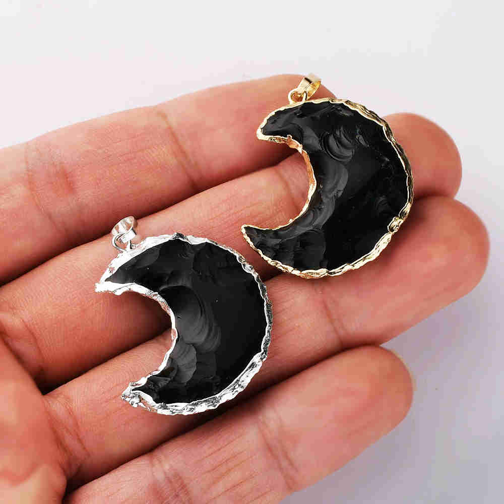 WX2067 Gold / Silver Plated Moon Shape Natural Black Obsidian Pendant Rough Gemstone Crescent Moon Pendant