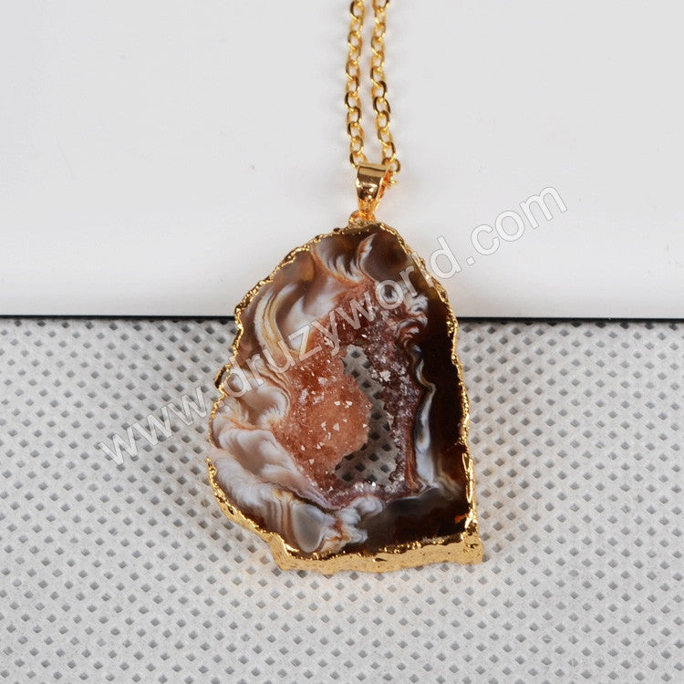 Gold Plated Natural Color Onyx Agate Druzy Geode Slice Pendant G0088