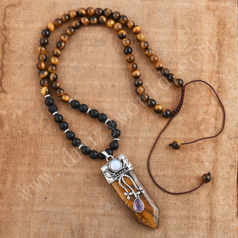 Adjustable Tigers Eye Point 6mm Stone Mala Beads Necklace, Handmade Boho Jewelry HD0310