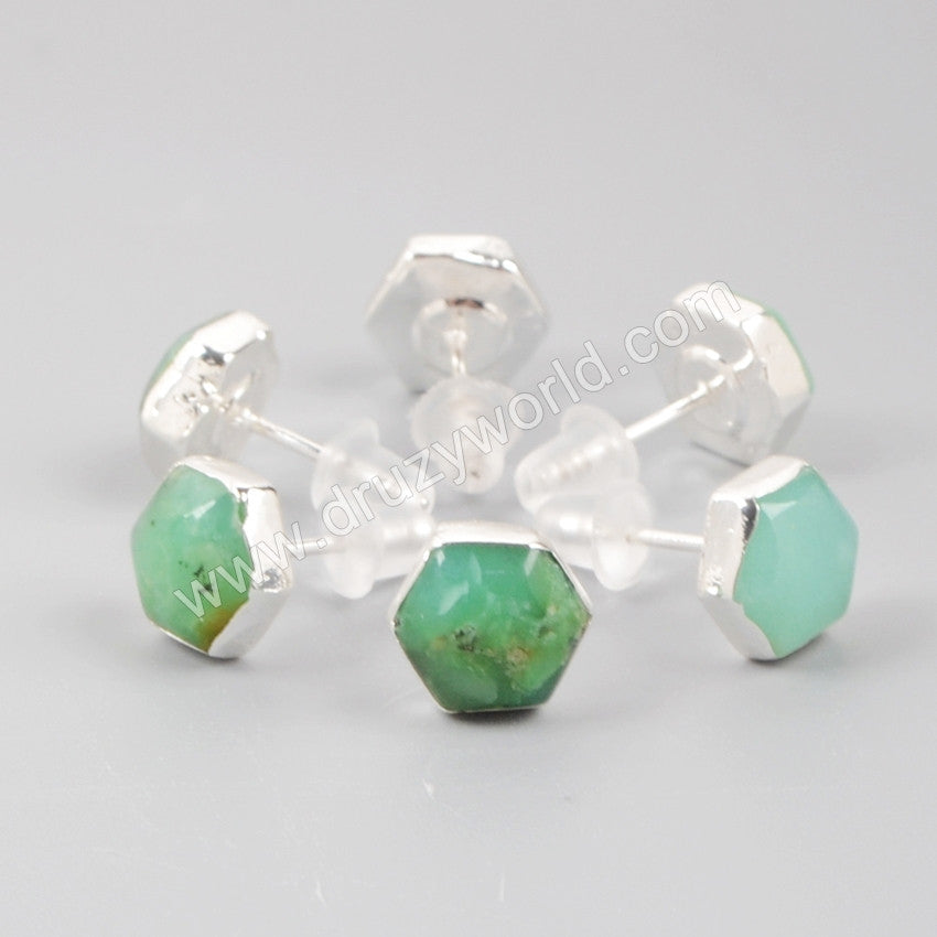 S925 Sterling Silver Hexagon Natural Australia Jade Stud Earrings SS050