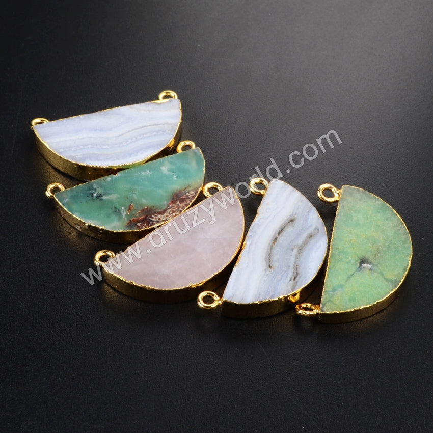 Natural Stones Half Moon Connector Charms Gold Plated For DIY Jewelry Making G1025
