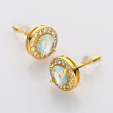 Gold S925 Sterling Silver Round Gemstone CZ Micro Pave Stud Earrings, Dainty Earrings, Healing Crystal Amethyst Aquamarine Rose Quartz Moonstone Jewelry LM006-G