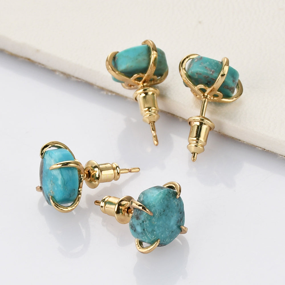 Tiny Gold Plated Claw Natural Real Turquoise Stud Earrings, Freeform Shape, Genuine Turquoise Earrings Jewelry ZG0484