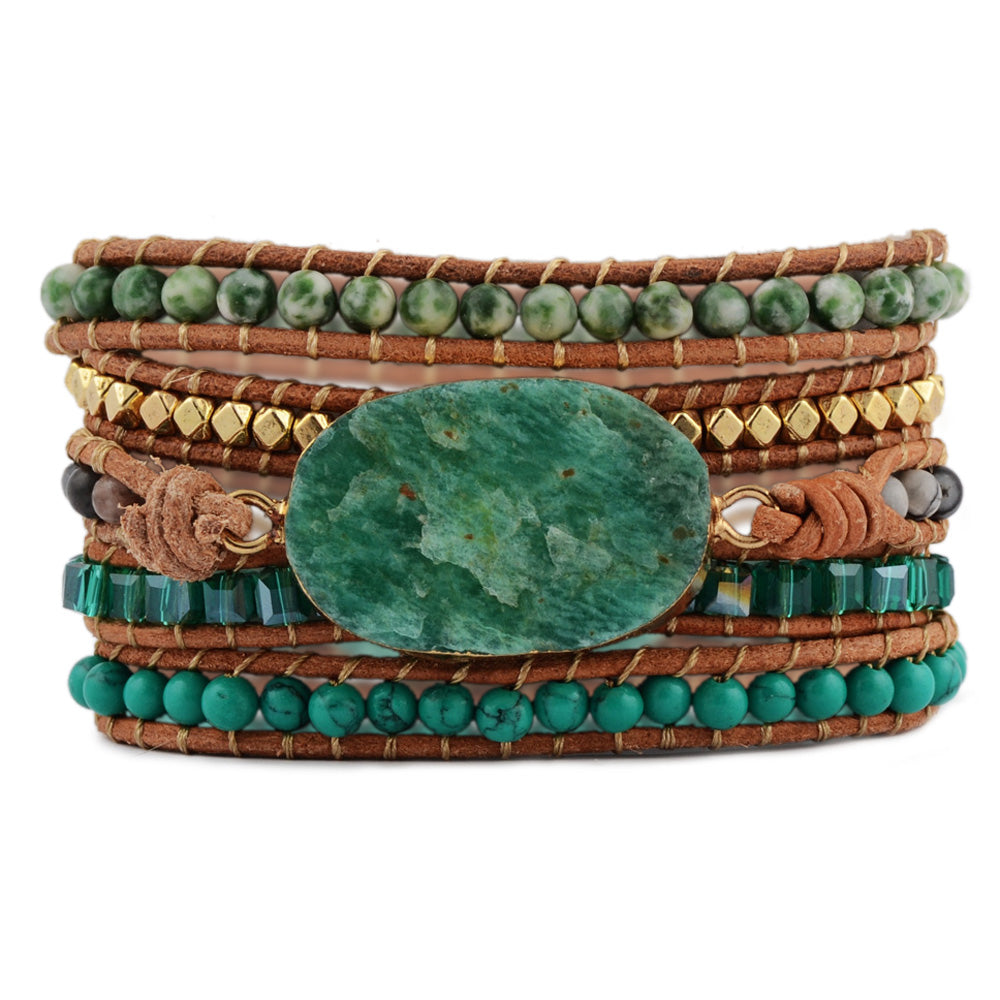 Gold Oval Natural Green Amazonite Leather Bracelet, Aqua Green Gemstone Beads, Meditation Protection Inspiring Jewelry HD0067