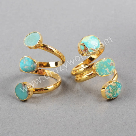 Gold Plated Three 100% Natural Turquoise Ring, Adjustable Size, Raw Turquoise Jewelry G0280