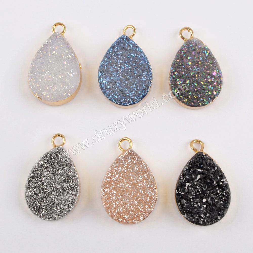 Teardrop Rainbow Titanium Natural Druzy Charm Gold Plated, Crystal Drusy Charm For Jewelry Making  G1455