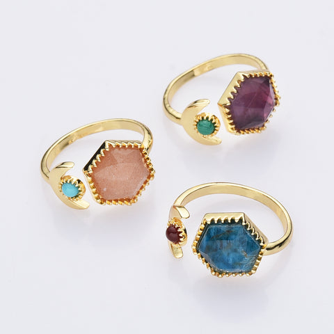 Hexagon Gold Plated Brass Gemstone Faceted Ring, Adjustable Open Ring, Natural Crystal Jewelry WX2195