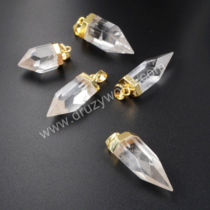 Gold Plated Natural White Quartz Faceted Point Pendant Bead G1009