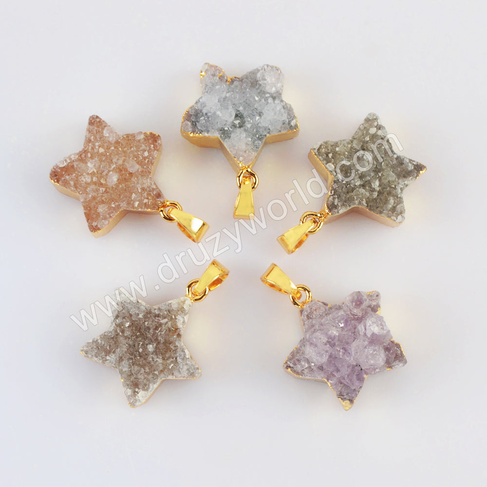 Gold Plated Star Natural Colors Agate Druzy Pendant, Crystal Star Pendant G2023