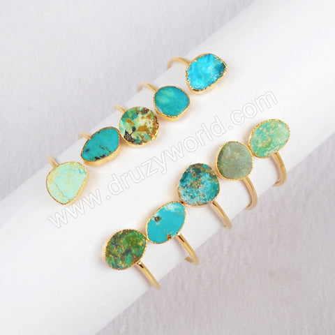 Gold Plated Double Freeform Genuine Turquoise Bangle Bracelet, Adjustable Gemstone Cuff Jewelry G0235