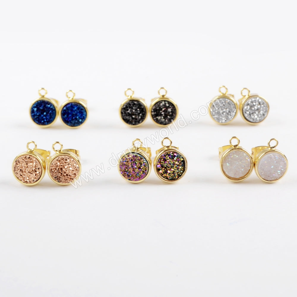 Round Gold Plated Natural Agate Titanium Rainbow Druzy Stud Charm ZG0260