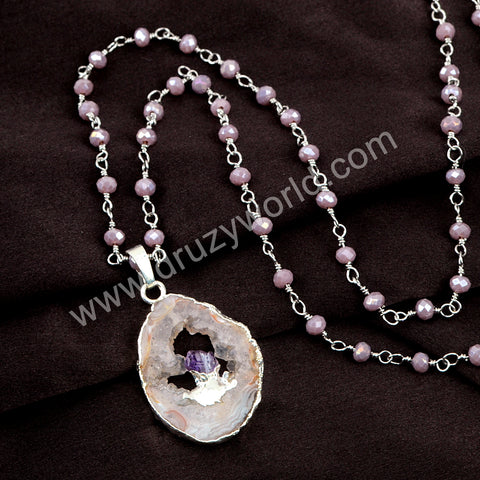 Silver Druzy Agate Slice Amethyst Beaded Chain Necklace HD0235