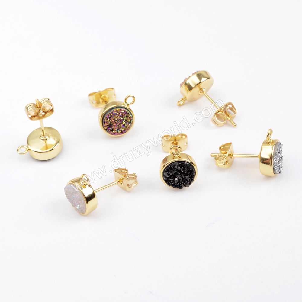 Round Gold Plated Natural Agate Titanium Rainbow Druzy Stud Charm ZG0260