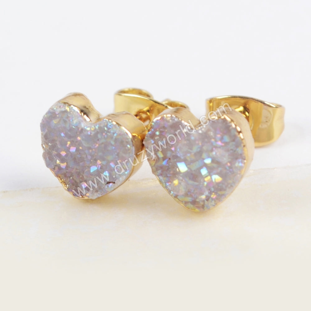 Rainbow Heart 8mm Titanium Agate Druzy Geode Stud Earrings Gold Plated, Drusy Jewelry For Women G1328
