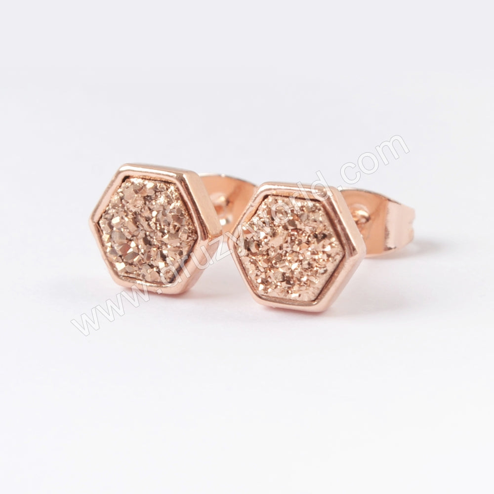Hexagon Rose Gold Plated Bezel Rainbow Titanium Druzy Studs Earring ZR0275