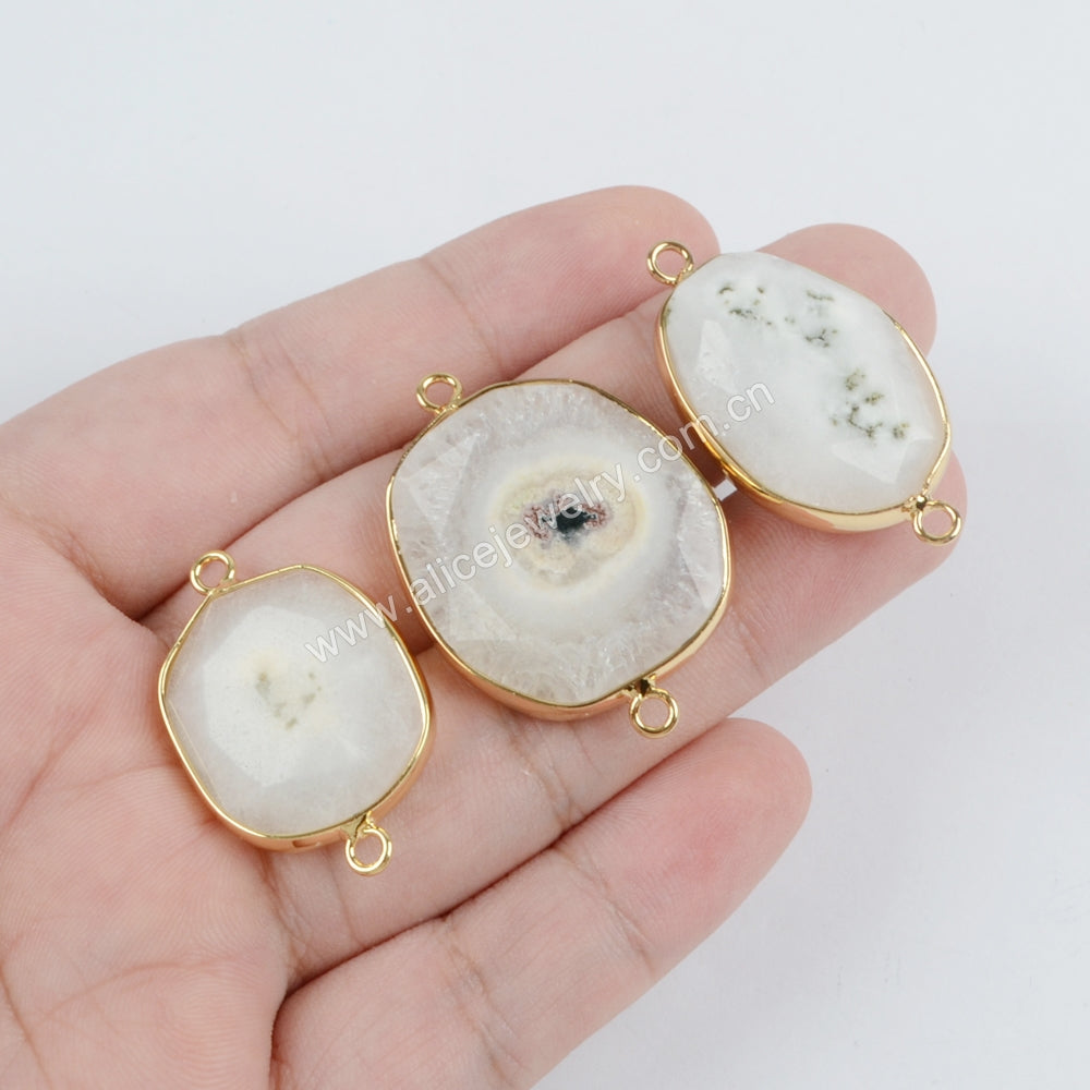 Gold Plated Natural White Solar Quartz Faceted Connector G1437