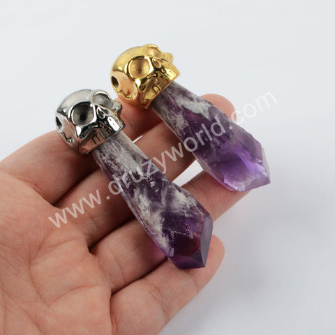 Natural Amethyst Skull Pendant Jewelry Making Gold Plated WX1386