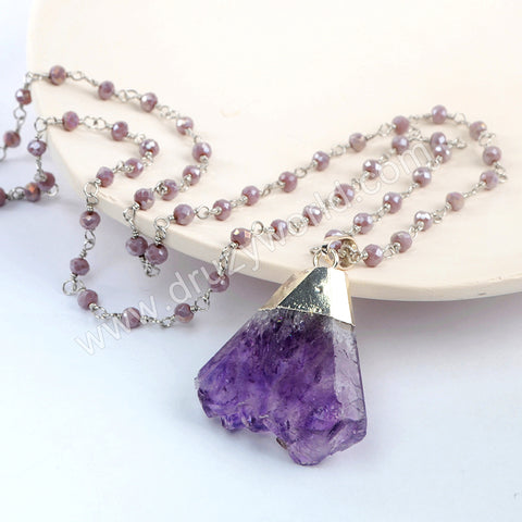 Silver Natural Amethyst Long Beaded Chain Necklace HD0236